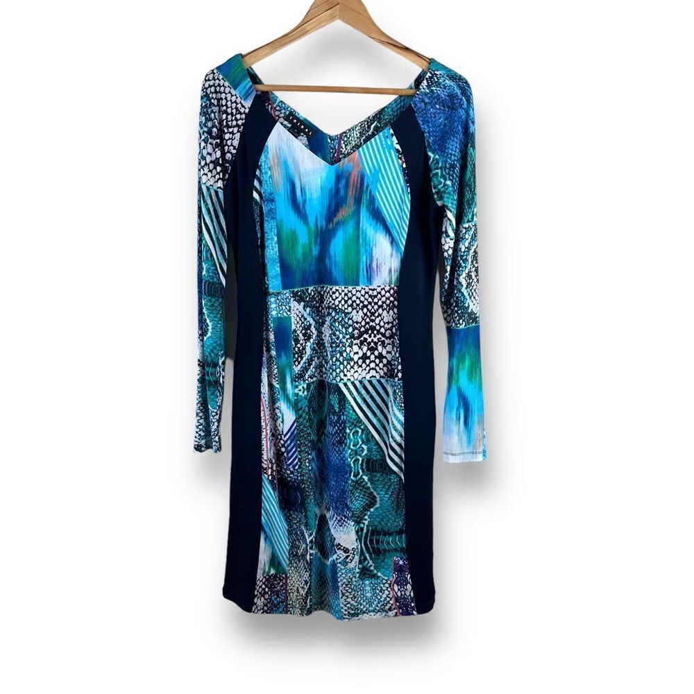 Tribal Women's M Mixed Media Print V-Neck Midi Dress Blue Ocean Maximalist Beach